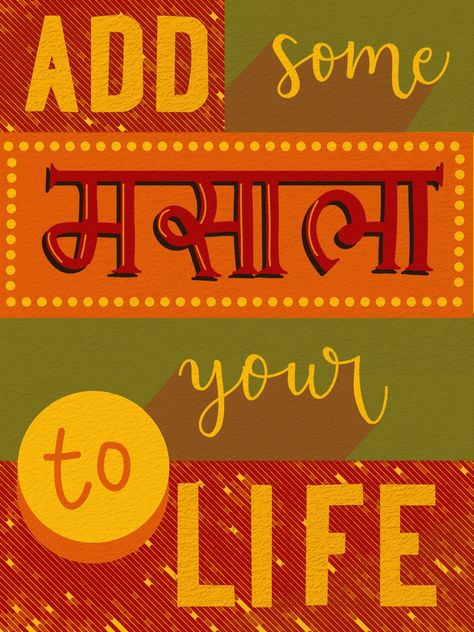 calligraphy, typography, red, yellow, masala colours, colour pallete, indian colours, masala, hindi, hindi typography, add, screen tone, screen tone brush, infinite painter, handletttering, green, indian aesthetic, aesthetic, pop, circles, brown, desi, desi aesthetic, quote, phrases, layout, box layout, brush letter, grid layout, alphabet Hindi Graphic Design, Quote Poster Design Typography, Hindi Poster Design, Spice Typography, Truck Typography, Savage Posters, Desi Sticker, Funny Posters For Room, Indian Typography