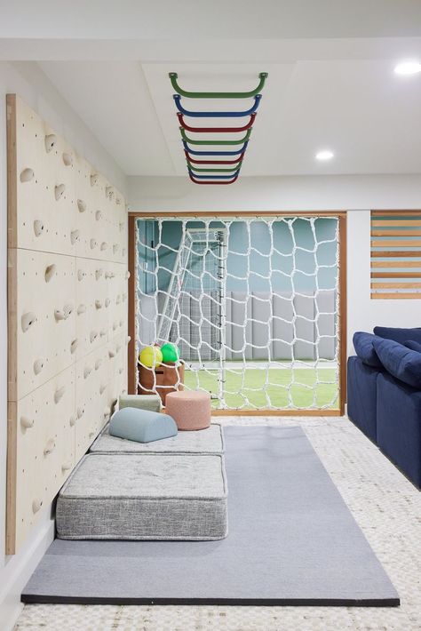 Greenwich Play Home | The Authority in Purposeful Play Space Design Rock Climbing Walls, Climbing Wall Kids, Home Climbing Wall, Brunswick House, Purposeful Play, Kids Play Spaces, Blue Sectional, Climbing Walls, Basement Playroom