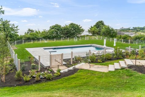 Country Pool Fence, Fence Around Pool, Pool Safety Fence, Fence Construction, Rectangle Pool, New England Farmhouse, Pool Steps, Pool Safety, Pools Backyard Inground