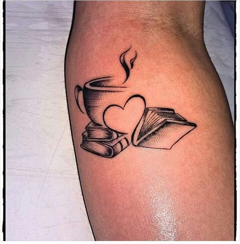 Glenn Rhee Tattoo Ideas, Outside Tattoo Ideas, Books And Coffee Tattoo Ideas, Cats Books And Coffee Tattoo, Coffee And Book Tattoo Ideas, Spicy Book Tattoo Ideas, Colorful Book Tattoos, Reading Tattoo Ideas, Tiny Book Tattoo