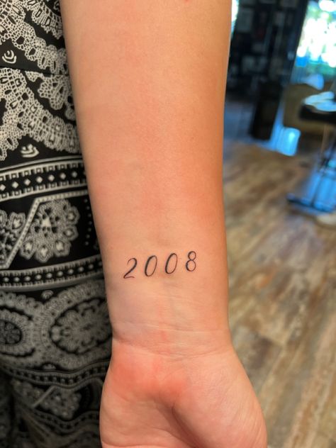 Year 2008 tattoo idea fine line minimal 2008 Tattoo Ideas, 2010 Tattoo, 2008 Aesthetic, Tattoo Goat, Simple Tatto, Tattoo On Thigh, Tattoos 2023, Patchwork Tattoos, Number Tattoos