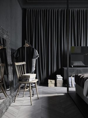 Modern Industrial Apartment-Denis Krasikov-19-1 Kindesign Modern Industrial Apartment, Industrial Apartment Decor, Industrial Apartment, Scandinavian Style Home, Black Interior Design, Black Room, Black Curtains, Dark Interiors, Minimalist Interior Design