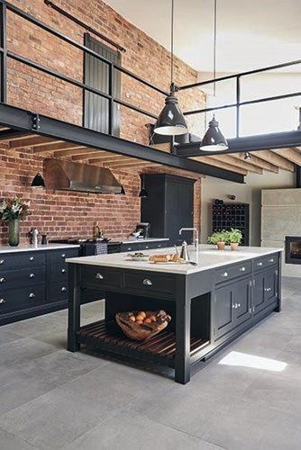 Industrial Decor Kitchen, Industrial Kitchen Design, Industrial Home Design, Industrial Style Kitchen, Industrial Interior Design, Industrial Interiors, Brick Walls, Shaker Kitchen, Industrial Kitchen