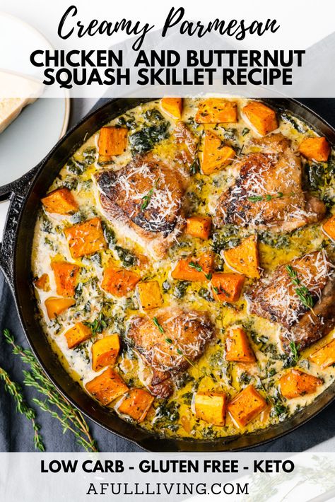 Butternut Squash Skillet, Butternut Squash And Chicken, Butternut Squash Dinner, Creamy Parmesan Chicken, Butternut Recipes, Acorn Squash Recipes, Chicken And Butternut Squash, Yummy Chicken, One Skillet