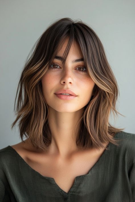 Discover a stylish and flexible option with shoulder-length haircuts paired with curtain bangs; a perfect choice for those with round faces. The layering technique not only adds dimension but also slims down the cheek area creating a flattering appearance. By adding soft, wavy texture to the hair, you can achieve a natural bounce that beautifully frames your face. Short Wavy Hair Shoulder Length, Bob With Fringe Bangs Mid Length, Curtain Bangs And Lob, Long Bob With Bangs And Glasses, Shag With Curtain Bangs Straight, Layered Hair Medium With Curtain Bangs, Shoulder Length Hair With Short Curtain Bangs, Shoulder Length Dark Hair With Bangs, Short Hair Cuts Curtain Bangs