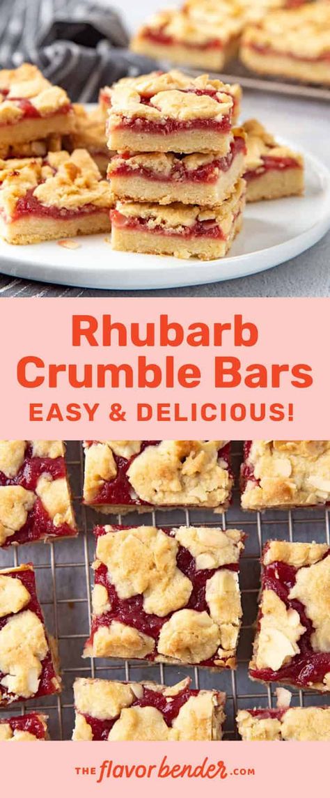 Delicious Rhubarb Crumble Bars with a tart rhubarb filling, a buttery shortbread base and a nutty crumble topping! Super easy summer treat. #TheFlavorBender #DessertBars #RhubarbBars #RhubarbRecipes Rhubarb Shortbread Bars Recipes, Strawberry Rhubarb Shortbread Bars, Rhubarb Tarts Recipe, Strawberry Rhubarb Crumble Bars, Apple Rhubarb Crumble, Rubarbe And Apple Crumble Recipe, Rhubarb Squares Recipes, Raspberry And Rhubarb Recipes, Apple And Rhubarb Recipes