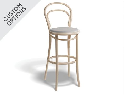 Since 1859, when chair No. 14 was first introduced, more than 80 million units have been sold all over the world. This classic chair No. 14 has been transformed into a barstool. Manually bent beech wood is used for the frame. The seat can be made of plywood, with a decorative relief, cane mesh or it can be upholstered in all types of materials. Its iconic shapes are formed by eight hand-bent beech rods and twenty screws. Thanks to its low weight, attractive price and legendary strength, this ... Bentwood Stool, Wooden Kitchen Stools, Stool Kitchen, Kitchen Stool, Modern Stools, The Czech Republic, Cafe Chairs, Curved Lines, Kitchen Stools