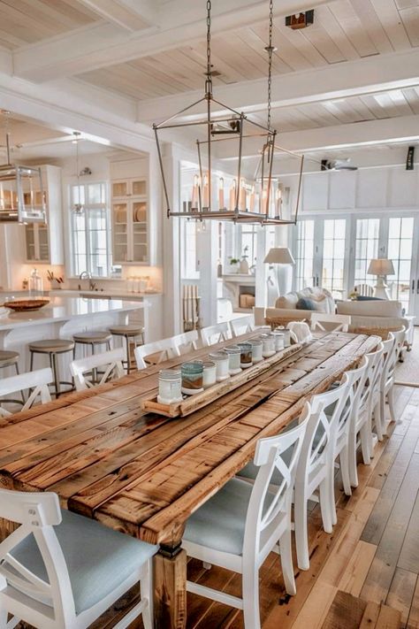 Lake House Dining Room, Beach Dining Room, Large Farmhouse Table, Sunroom Dining, El Gouna, Coastal Dining Room, Coastal Farmhouse Decor, Seaside House, House Dining Room