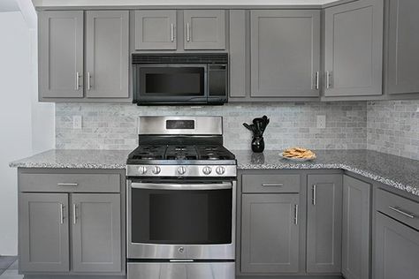 Kitchen Cabinet Update, Gray Kitchen Ideas, Cabinet Update, Light Grey Kitchen Cabinets, Grey Wall Color, Light Grey Kitchens, Ideas For Storage, Kitchen Remodel Countertops, Grey Kitchen Designs