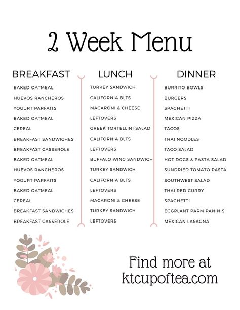 How to Create a 2 Week Rotating Menu   Sample Menu Printable | Cup of Tea Weekly Menus For Two, Weekly Dinner Schedule, 2 Week Meal Plan Printable, Dinner Ideas For Night Shift, One Week Menu Plan, 2 Week Dinner Menu Families, Weekly Lunch Menu Ideas, Weekly Breakfast Menu Ideas, Menu Ideas Weekly