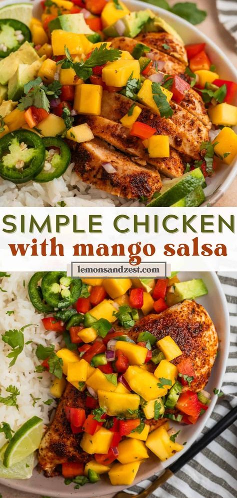 This Chicken with Mango Salsa is the easiest way to get dinner on the table. Juicy tender chicken breast topped with a freshly made delicious mango salsa that is served over rice or a variety of other ways. Simple and delicious and also great for weekly meal prep! Grilled Chicken And Mango Salsa, Healthy Salsa Chicken, Mango Salsa Recipe Chicken, Mango Salsa Chicken Recipes, Peach Mango Salsa Chicken, Mango Salsa Chicken Bowl, Chicken With Mango Salsa Recipe, Chicken Mango Salsa Recipes, Grilled Citrus Chicken With Mango Salsa