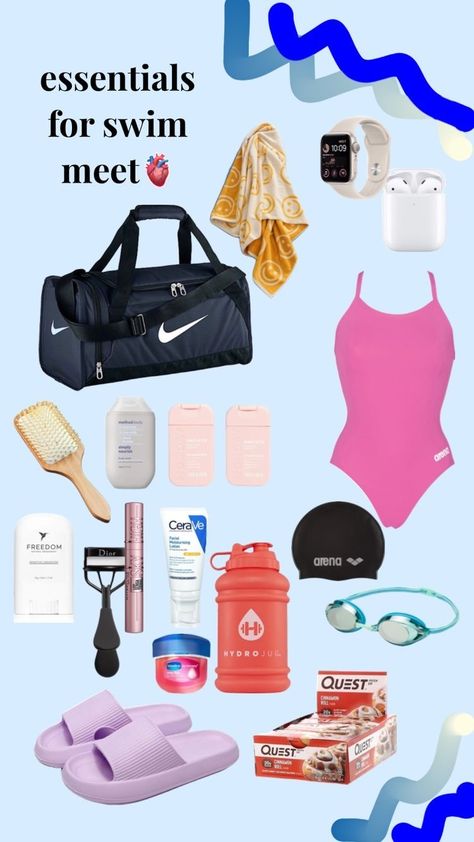 What To Pack In Your Swim Bag, Swimming Gear Accessories, Swimming Needs List, Swimming Packing List, Swimmer Outfits Swim Team, Whats In My Swim Bag, Swimming Essentials List, Swim Essentials Bag, Swimming Sport Outfit