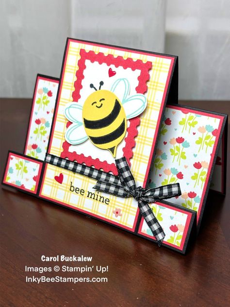 Stampin’ Up! – Sneak Peek! Bee My Valentine Easy Center Step Card – Inky Bee Stampers Bee Valentines Cards, Bee My Valentine, Stampin Up Valentine Cards, Center Step Cards, Bee Mine Valentine, Bee Valentine, Step Card, Simple Birthday Cards, Valentine Cards Handmade