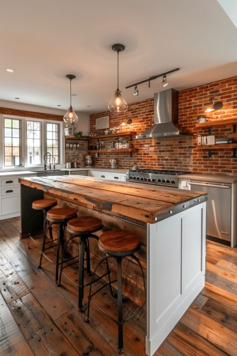 Add Character with a Brick Backsplash in Your Farmhouse Kitchen - Quiet Minimal Exposed Red Brick Kitchen, Kitchen With Brick Backsplash, Brick Backsplash Ideas, Red Brick Kitchen, Brick Kitchen Wall, Kitchen Schemes, Kitchen Brick Wall, Butcher Block Countertops Kitchen, Brick Wall Kitchen