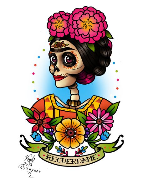 Coco Tattoo, Frida Kahlo Drawing, Frida Kahlo Tattoo, Kahlo Tattoo, Frida Kahlo Cartoon, Frida Kahlo Tattoos, Dia De Los Muertos Decorations Ideas, Free Machine Embroidery Designs Patterns, Frida Art