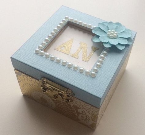 Blue Blossoms: Engagement Initialed Ring Personalized Sorority pin box, Handmade, Choose any Sororit Sorority Gifts Diy, Initiation Basket, Sorority Pin Box, Theta Crafts, Big Lil Gifts, Badge Box, Big/little Baskets, Little Gifts Sorority, Sorority Pins