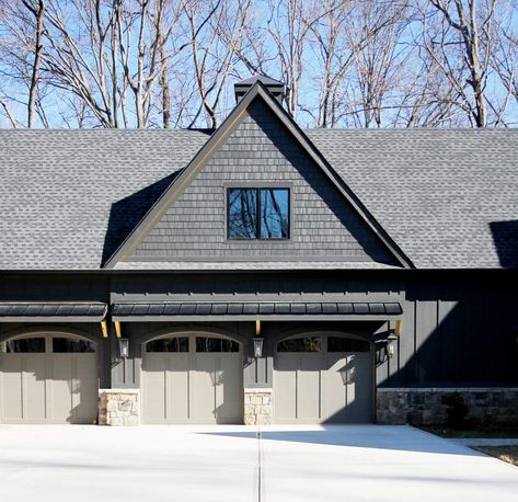 Craftsman Dark Exterior, Modern Grey Exterior, Iron Ore Exterior, Elegant Paint Colors, Iron Ore Sherwin Williams, Dark Gray Paint Colors, Plank And Pillow, Modern Home Exterior, Garage Door Colors