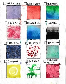 Example sheet of 12 different watercolor techniques. Worksheet is great as a reference for students that need a visual at their desk or a check-off list. Perfect for a one-day in class watercolor exploration activity. Included is a blank watercolor swatches worksheet IF you have the ability to prin... Watercolor Worksheet, Watercolor Swatches, Explorers Activities, Messy Art, Watercolor Tips, Watercolor Lessons, Diy Watercolor Painting, Watercolor Projects, Watercolor Painting Techniques