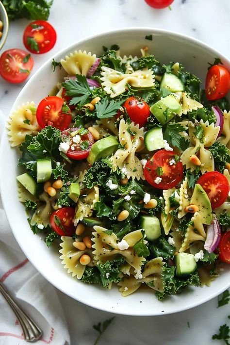 Mediterranean Kale Pasta Salad, Massaging Kale, Sundried Tomato Pasta Salad, Kale Pasta Salad, Pasta Salad With Spinach, Tomato Pasta Salad, Sundried Tomato Pasta, Kale Pasta, Mediterranean Pasta