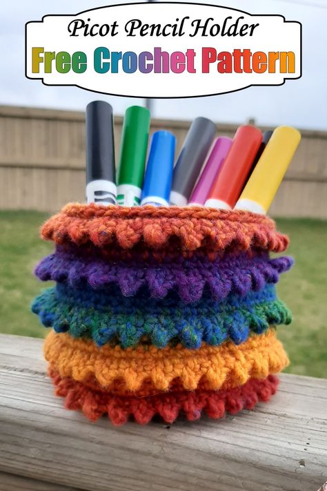 Picot Pencil Holder Crochet Pencil Holder, Picot Stitch Crochet, Crochet Shawlette Pattern, Crochet Plant Pot, Crochet Shawlette, Crochet Pencil, Shawlette Pattern, Kitchen Container, One Skein Crochet