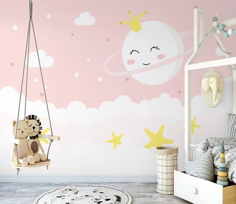 Murs Roses, Kids Room Murals, Nursery Wall Murals, Pink Wallpaper Backgrounds, Moon Clouds, Pastel House, Interior Wallpaper, Kids Wall Murals, Pink Clouds