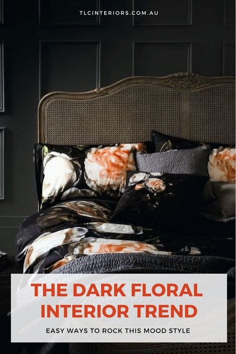 The New Feminine: Girly Interiors go Dark & Moody Furniture Websites, Furniture Drawing, Kid's Bed, Pastel Bedding, Floral Bedding Sets, Floral Bedroom, Floral Comforter, Inexpensive Furniture, Floral Interior