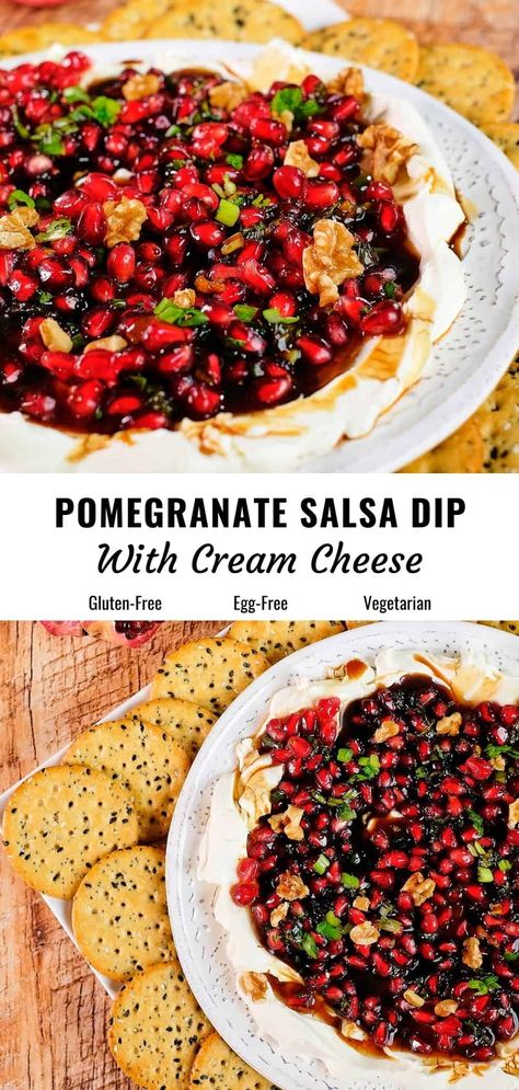 Cream Cheese Pomegranate Dip, Thanksgiving Appetizer Gluten Free, Appetizers With Pomegranate Seeds, Pomegranate Jalapeno Dip, Pomegranate Salsa Recipes, Savory Pomegranate Recipes, Appetizer With Pomegranate Seeds, Pomegranate Appetizer Recipes, Pomegranate Cream Cheese Dip