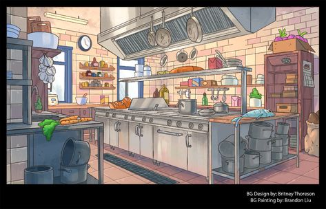 Brandon Liu - Background Painting: Kitchen Kitchen Background Illustration, Kitchen Interior Illustration, Kitchen Scene Drawing, Ratatouille Kitchen Design, Restaurant Concept Art, Painting Of A Kitchen, Kitchen Concept Art, Kitchen Animation, Ratatouille Kitchen