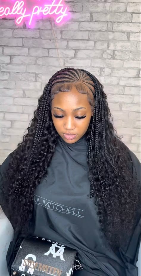 Half Lines And Braids Hairstyles, Half Fulani Braids Half Sew In Weave, Fulani Braids With Curly Hair In The Back, Braids In Front Curls In Back, Half Fulani Braids Half Sew In, 10 Stitch Braids, Fulani Braids With Half Wig, Fulani Braids Claw Clip, Trending Braids