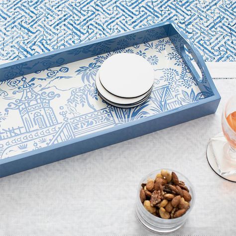 Caspari | Pagoda Toile Blue Lacquer Bar Tray – Maison Lipari Lacquer Bar, Lacquer Tray, Cocktail Napkin Holder, Hosting Essentials, Bar Tray, Tray Display, Best Mothers Day Gifts, Lacquered Wood, Artwork Display