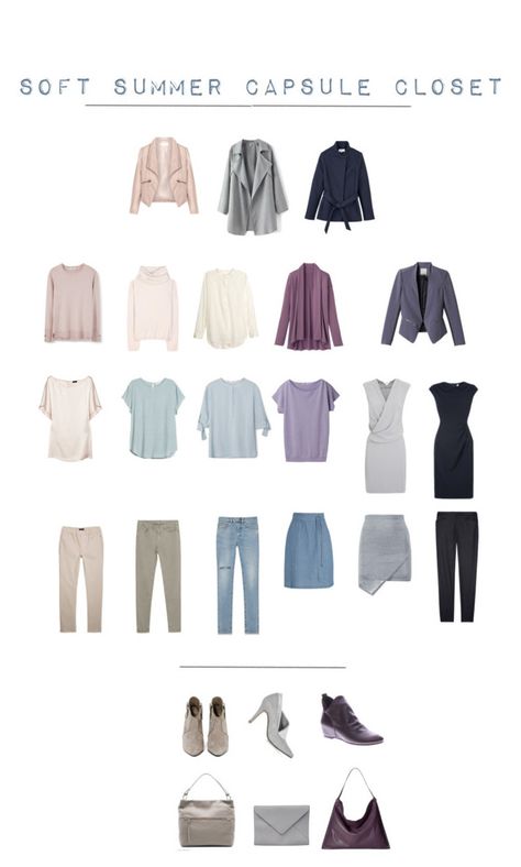 Summer Mute Cool Outfits, Soft Summer Concept Wardrobe, Muted Summer Capsule Wardrobe, Cool Muted Capsule Wardrobe, Moonlit Summer Wardrobe, White For Soft Summer, Soft Summer Basics, Soft Summer Work Capsule, Soft Summer Color Wardrobe