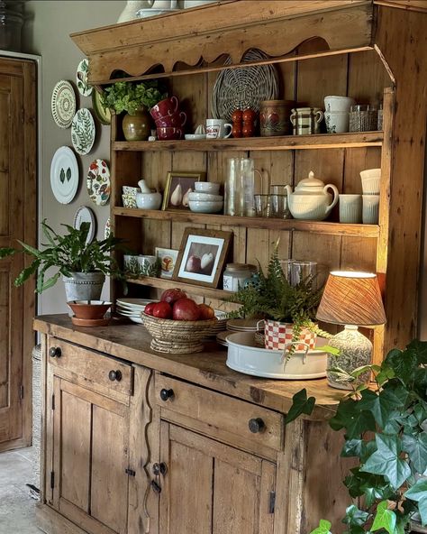 Hutch In Kitchen, Dining Room Dresser, Cottage House Interior, Cottagecore Home, Hutch Decor, Kitchen Hutch, Kitchen Mood Board, Dining Room Hutch, Kitchen Dresser