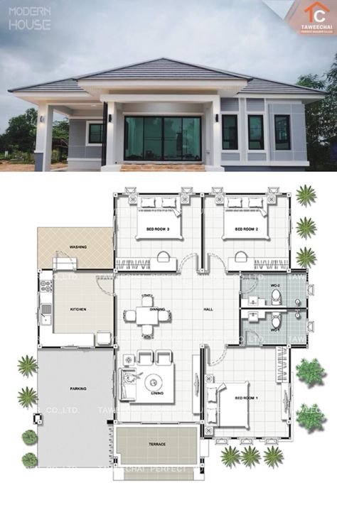 3 Concepts Of 3-bedroom Bungalow House In 2020 Three Bedroom House Plan Three Bedroom House Plans Modern, Simple Bungalow House Designs, Modern Bungalow House Plans, Modern Bungalow House Design, Small Modern House Plans, Three Bedroom House Plan, Bungalow Style House, House Concept, Bungalow Style House Plans