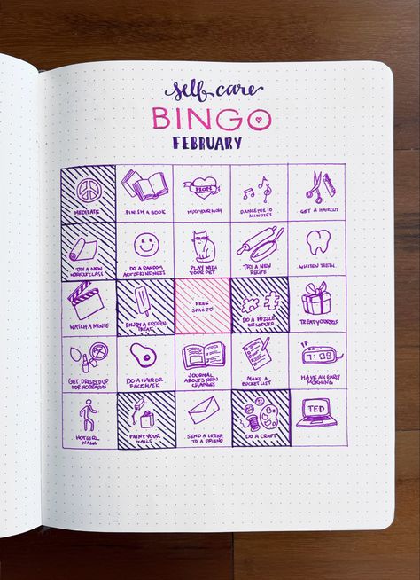 Self care bingo bullet journal layout inspiration or idea to prioritize making time for yourself throughout the month — works best if you customize it with activities that you love or have been wanting to do or try Bujo Day Layout, Ideas For Planner Pages, Bujo Inspiration Ideas Monthly, Monthly Favorites Bullet Journal, Journaling Layout Ideas, Self Care Bingo Bullet Journal, Dot Journal Page Ideas, Things To Put In A Bullet Journal, Journalling Layout