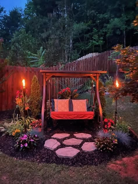 Outdoor Lawn Lighting Ideas, Cute Small Porch Ideas, How To Create Shade In Backyard, Diy Landscaping Ideas On A Budget, Corner Yard Landscaping Ideas Backyards, Outdoor Swing Ideas, Hammock Ideas Backyard, Night Time Garden, Wooded Yard