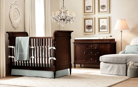 Dark Wood Nursery Furniture, Dark Brown Crib Nursery, Dark Wood Crib, Nursery Dark Furniture, Baby Nursery Design, Elegant Nursery, Restoration Hardware Baby, Nursery Room Furniture, Wood Nursery