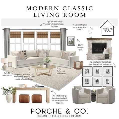 Home Inspiration living room mood board ideas in modern classic home decor styles. Our mood boards provide inspiration and practical advice for anyone looking to update their living room decor. Visit the Porche & Co. LTK to shop our living room designs and other room decor updates with modern classic home decor styles. (Affiliate) Neutral Modern Classic Living Room, Sectional And 2 Chairs Layout, Living Room Inspo Cozy Neutral, Pillow Set Up On Couch, Organic Modern Family Room, Modern Classic Decor, Two Couches Living Room, Modern Traditional Office, Traditional Modern Living Room