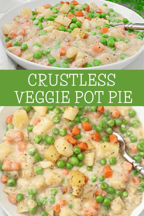 Crustless Veggie Pot Pie ~ All the filling of a classic pot pie with none of the crust! Serve over biscuits for a hearty homestyle dinner. Crockpot Veggie Pot Pie, Vegan Pot Pie With Biscuits, Crustless Vegetable Pie, Vegetarian Pot Pie With Biscuits, Veg Pot Pie Recipe, Vegan Vegetable Pot Pie, Recipe With Cream Of Celery Soup, High Fiber Meal Ideas, Veggie Pot Pie Soup