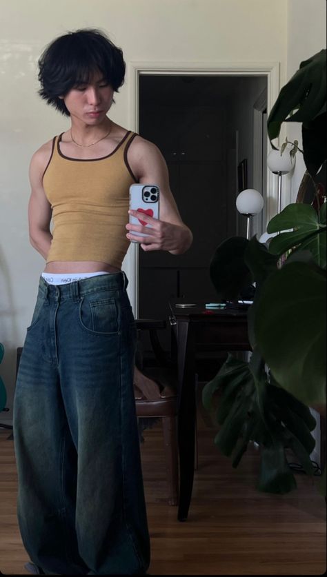 90s Men Clothes, Tank Top Baggy Pants Men, Cropped Tank Top Men, Baggy Jeans With Tank Top, Dustin Vuong Aesthetic, Cropped Tank Outfit, Crop Top Men Aesthetic, Tank Top And Baggy Pants, Dustin Vuong Outfits