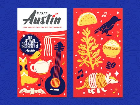 Visit Austin Guide by Nhi Nguyen | Dribbble Austin Texas Graphic Design, Austin Illustration, Texas Graphic Design, Texas Illustration, Postcard Graphic, Bar Packaging, Visit Austin, Leadership Conference, Desert Design