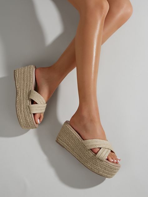 Apricot Vacation    Plain Wedges Slide Sandals Embellished   Women Shoes Shoes Photoshoot, Wedge Slides, High Heel Sandals Platform, Espadrilles Sandals, Chunky Platform Sandals, Platform Espadrille Sandals, White Leather Shoes, Fashion Shoes Heels, Platform Espadrilles