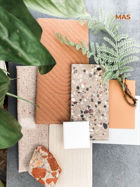 Terracotta Material Palette, Terracotta Material Board, Terrazzo Material Board, Wood And Terracotta, Colorful Material Palette, Materials Palette Interior Design, Materials Palette, Terracotta Mood Board Interior, Terracotta Mood Board