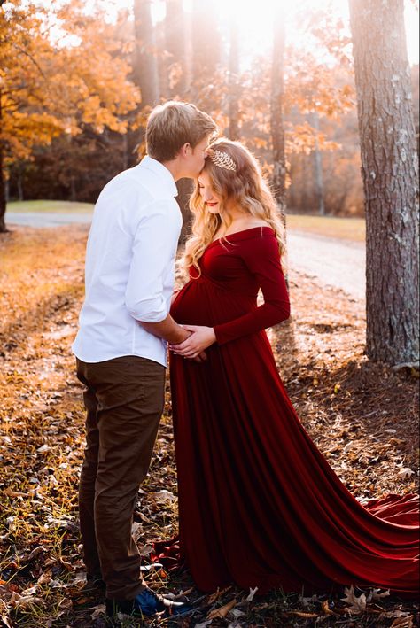 Fall Maternity Photos Red Dress, Maternity Photos Red Dress, Maroon Dress Maternity Pictures, Maternity Photography Red Dress, Holiday Maternity Photoshoot, Winter Baby Shower Dress For Mom, Red Maternity Dress Photography, Red Dress Maternity Shoot, October Maternity Pictures