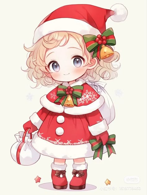 Christmas Chibi Art, Female Santa, Christmas Chibi, Chibi Christmas, Kid Painting, Mola Mola, Chibi Poses, Chibi Cartoon, Vtuber Assets