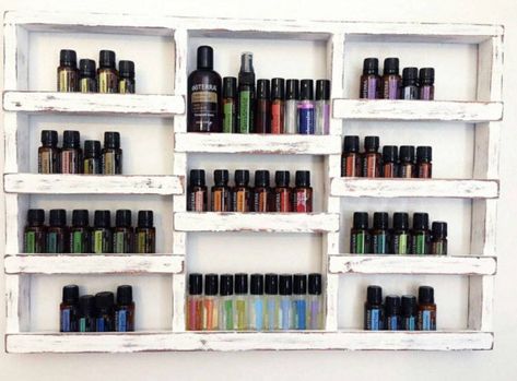 Salon Shelves, Rustic Wood Shelving, Essential Oil Display, Ladder Shelf Diy, Oil Display, Nail Polish Shelf, Oil Rack, Oil Shelf, Essential Oil Shelf