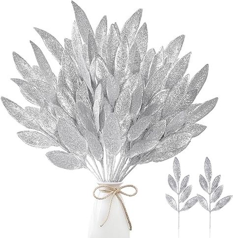 Amazon.com: Sggvecsy 40 Pieces Artificial Glitter Leaf Silver Glittered Spray Picks 13’’ Fake Floral Leaf Branches Xmas Decoration for Christmas Tree DIY Wreath Crafts Gift Home Decoration(Silver,40 Pieces) : Arts, Crafts & Sewing Ward Activity Ideas, Julkransar Diy, Couronne Diy, Glitter Leaves, Glitter Spray, Faux Leaf, Diy Tree, Wreath Home Decor, Floral Branch