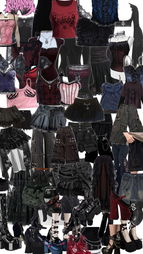 #goth #clothes #asthetic Goth Rockstar Outfits, Goth Asthetics Outfit, Alternative School Outfits, Downtown Goth, Goth Essentials, Romantic Goth Outfits, Shifting Outfits, Types Of Goth, Pretty Fits