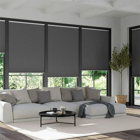 Blinders For Windows Living Room, Lounge Blinds, Anthracite Grey Windows, Large Window Treatments, Curtains Over Blinds, Blinds For Large Windows, Blinds For Bifold Doors, Blinds For French Doors, Family Lounge