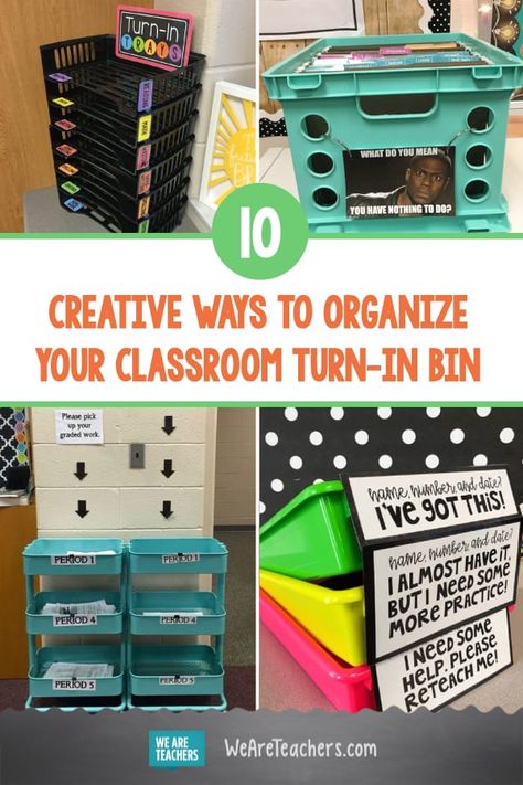 10 Creative Ways to Organize Your Classroom Turn-In Bin. Keep your classroom organized with this clever turn-in bin solutions. These teachers have it figured with their folders, bins, baskets, and more. #classroomdecor #classroomorganization #classroomideas #classroomsetup #classroommanagement Classroom Organization Turn In Work, Classroom Wall Storage, Assignment Turn In Baskets, Hs Classroom Organization, Classroom Organisation Secondary, Turn It In Bin Classroom, Teacher Turn In Bins, Classroom Mailbox Ideas Diy, Classroom Workbook Storage