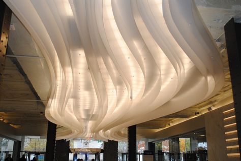 Creative Light Installation: Glacier Ribbon Ceiling Feature by Lumicor Ribbon Ceiling, Ceiling Feature, Fabric Ceiling, Ceiling Detail, Ceiling Installation, False Ceiling Design, Creative Lighting, False Ceiling, Hanging Curtains